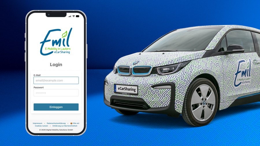 Emil-App Login auf übergroßem Smartphone links neben BMW i3 mit Emil eCarSharing-Branding.